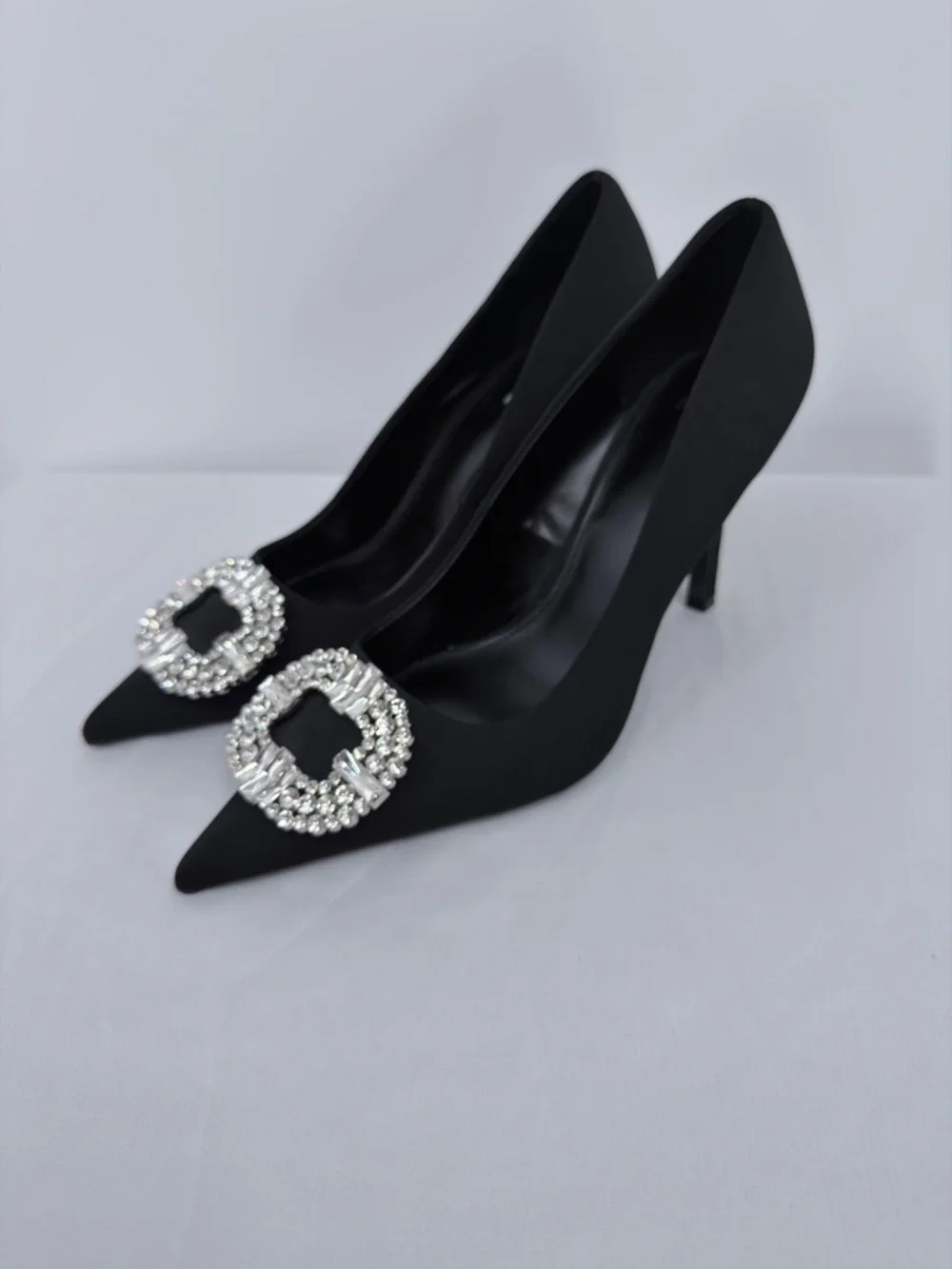 Mango Black Satin Heels Rhinestone Buckle Pumps Size 40 EU Pointed Toe 4” Heel